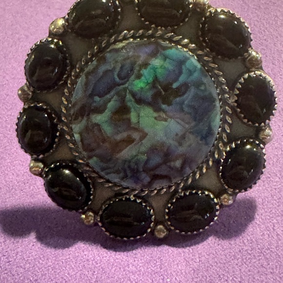 Blue Abalone | Tungsten Carbide Ring 4mm – ThaliaCapos.com Artisan Black onyx and Blue Abalone Ring